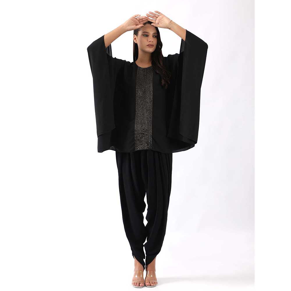 NEMAANI Black Embroidered Kaftan With Dhoti Pant (Set of 2)