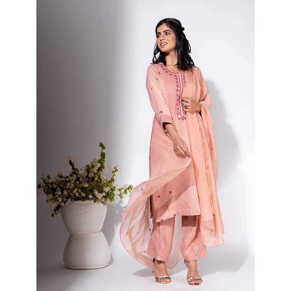 NEMAANI Pink Neckline Embroidered Kurta with Pant and Dupatta (Set of 3)