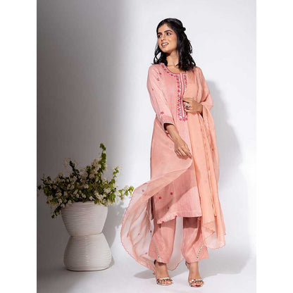 NEMAANI Pink Neckline Embroidered Kurta with Pant and Dupatta (Set of 3)