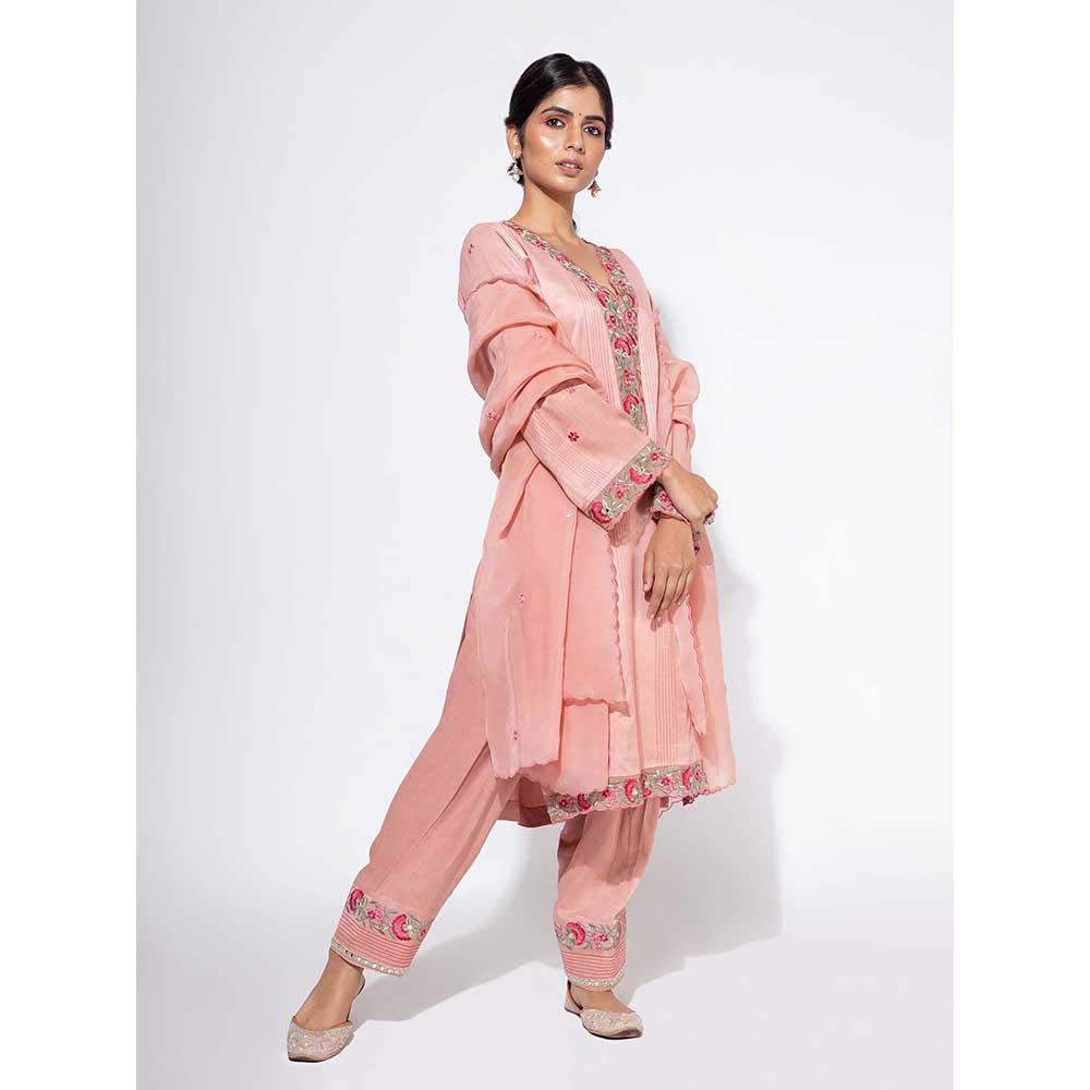NEMAANI Pink Organza Panel Embroidered Kurta with Salwar Pant and Dupatta (Set of 3)
