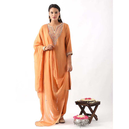 NEMAANI Orange Neck Embroidered Kurta with Salwar Pant and Dupatta (Set of 3)