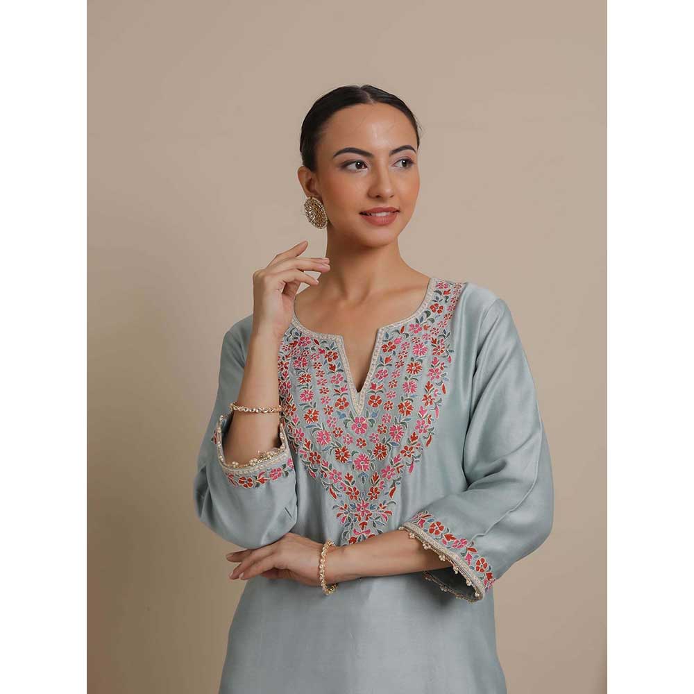 NEMAANI Blue Neck Embroidered Kurta with Salwar Pant and Dupatta (Set of 3)