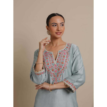 NEMAANI Blue Neck Embroidered Kurta with Salwar Pant and Dupatta (Set of 3)