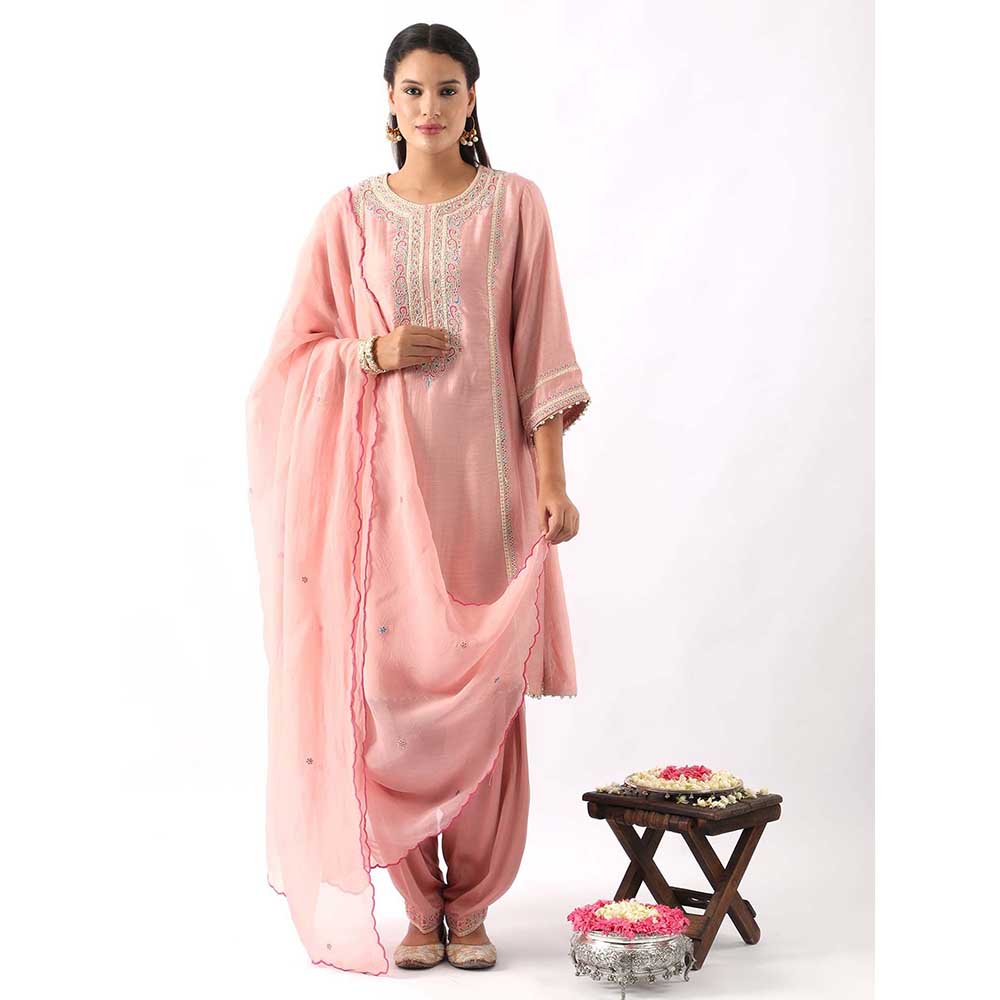 NEMAANI Blush Pink Embroidered A-Line Kurta with Salwar Pant and Dupatta (Set of 3)