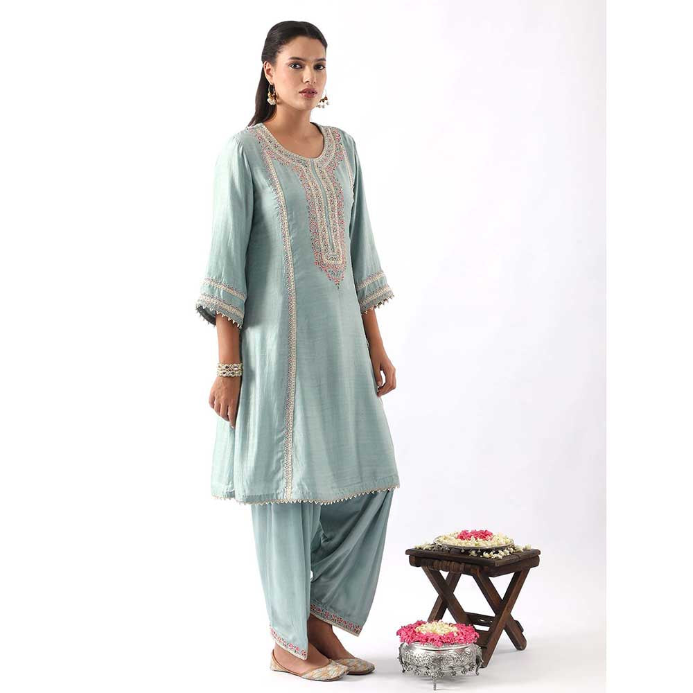 NEMAANI Ice Blue Embroidered A-Line Kurta with Salwar Pant and Dupatta (Set of 3)