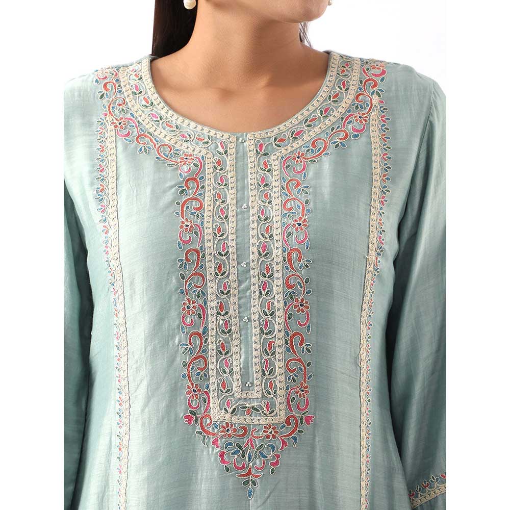 NEMAANI Ice Blue Embroidered A-Line Kurta with Salwar Pant and Dupatta (Set of 3)