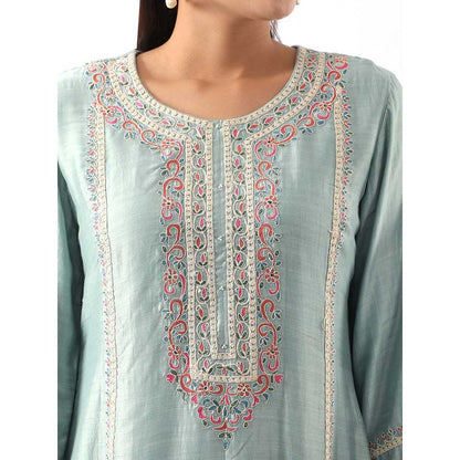 NEMAANI Ice Blue Embroidered A-Line Kurta with Salwar Pant and Dupatta (Set of 3)