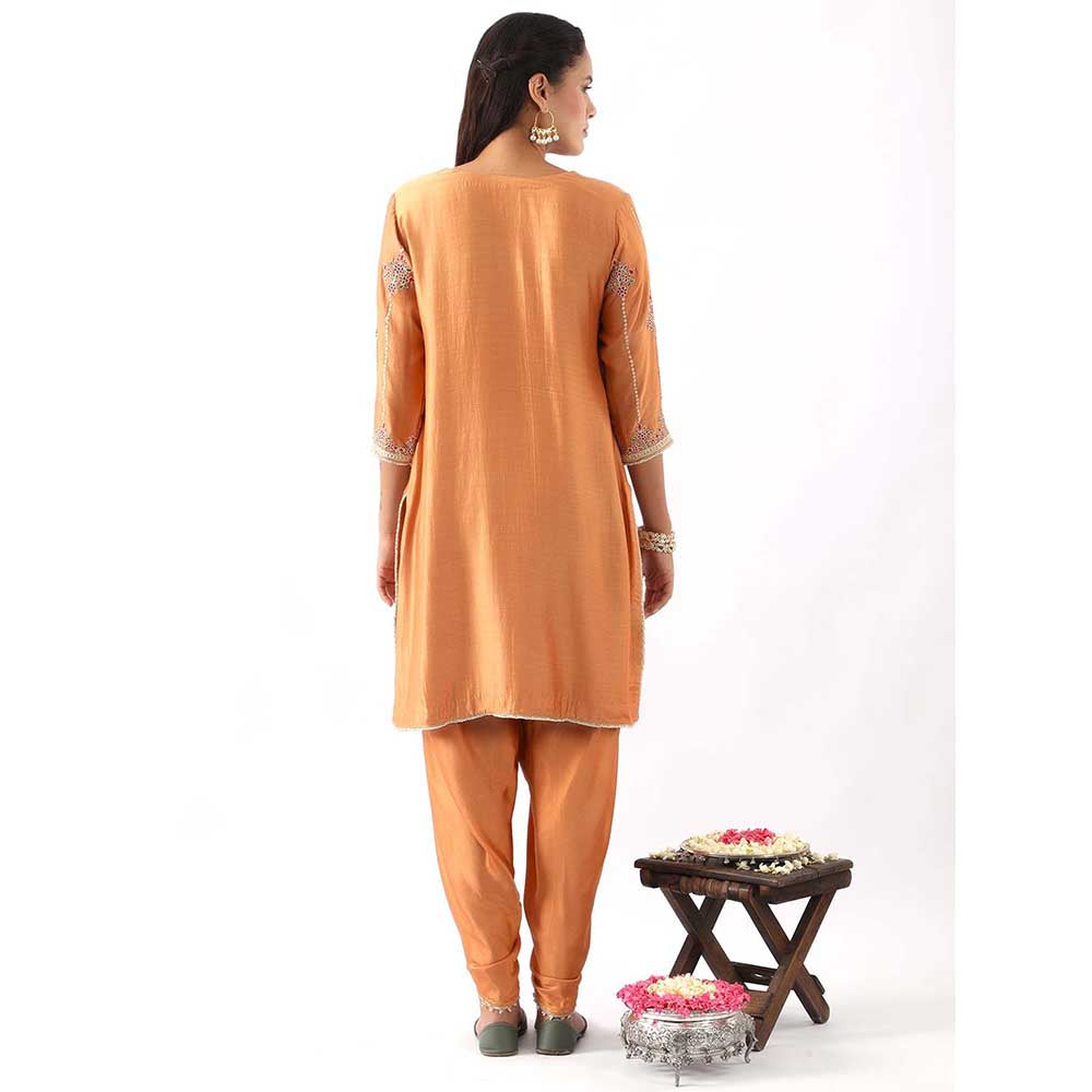 NEMAANI Orange Embroidered Kurta with Dhoti Pant and Dupatta (Set of 3)