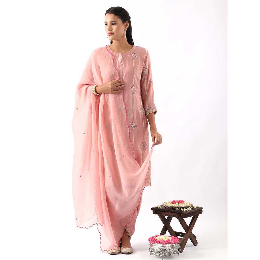 NEMAANI Blush Pink Embroidered Kurta with Dhoti Pant and Dupatta (Set of 3)