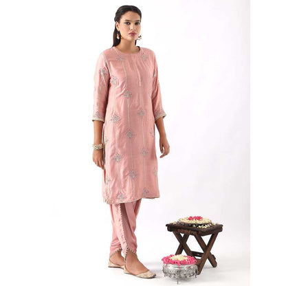 NEMAANI Blush Pink Embroidered Kurta with Dhoti Pant and Dupatta (Set of 3)