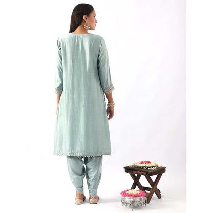 NEMAANI Ice Blue Embroidered A-Line Kurta with Dhoti Pant and Dupatta (Set of 3)
