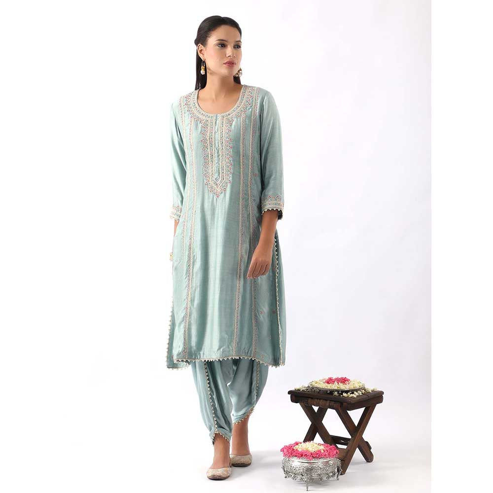NEMAANI Ice Blue Embroidered A-Line Kurta with Dhoti Pant and Dupatta (Set of 3)