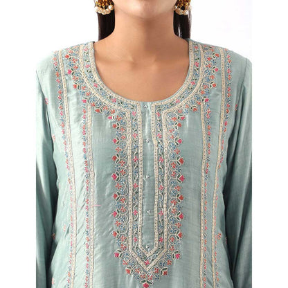 NEMAANI Ice Blue Embroidered A-Line Kurta with Dhoti Pant and Dupatta (Set of 3)