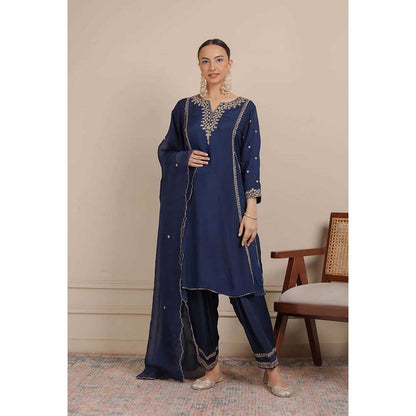 NEMAANI Midnight Navy Blue Dori A-Line Kurta with Salwar Pant and Dupatta (Set of 3)