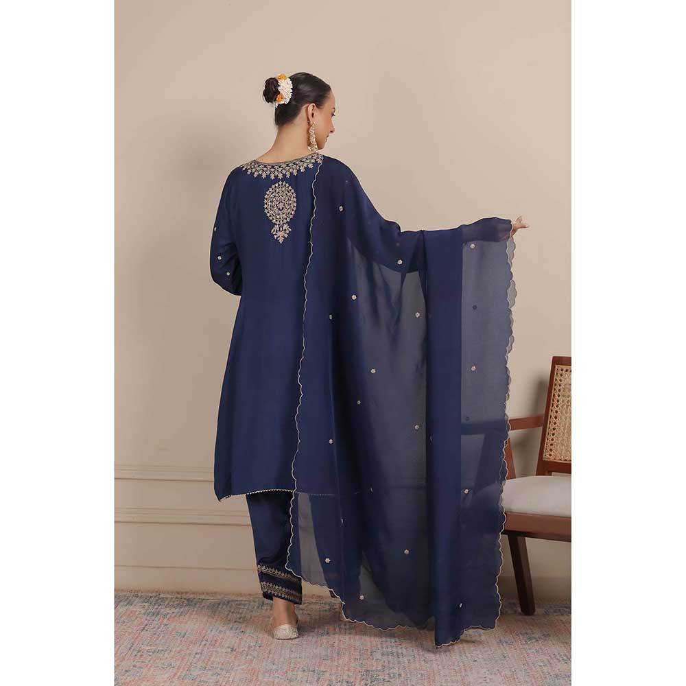 NEMAANI Midnight Navy Blue Dori A-Line Kurta with Salwar Pant and Dupatta (Set of 3)