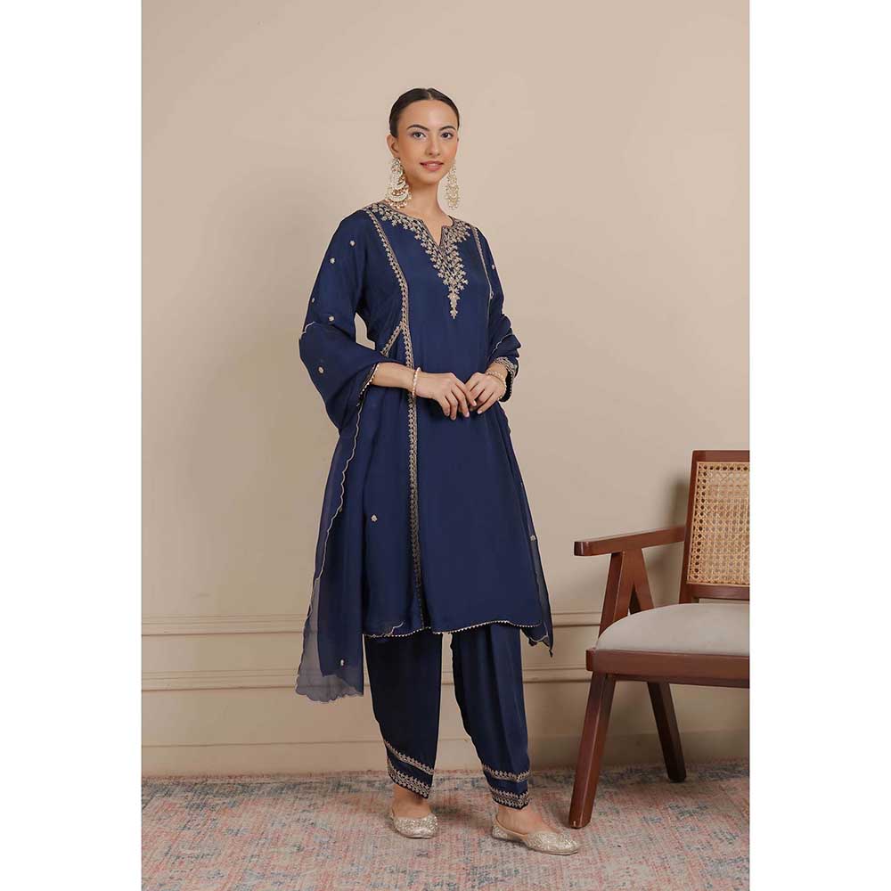 NEMAANI Midnight Navy Blue Dori A-Line Kurta with Salwar Pant and Dupatta (Set of 3)