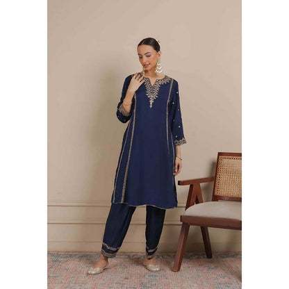 NEMAANI Midnight Navy Blue Dori A-Line Kurta with Salwar Pant and Dupatta (Set of 3)