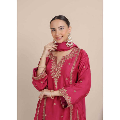 NEMAANI Magenta Pink Dori Embroidered A-Line Kurta with Salwar Pant and Dupatta (Set of 3)