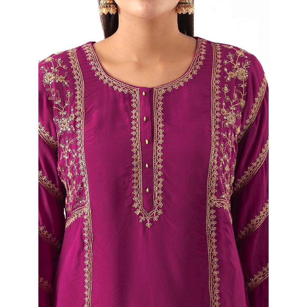 NEMAANI Magenta Pink Dori Embroidered Kurta with Dhoti Pant and Dupatta (Set of 3)
