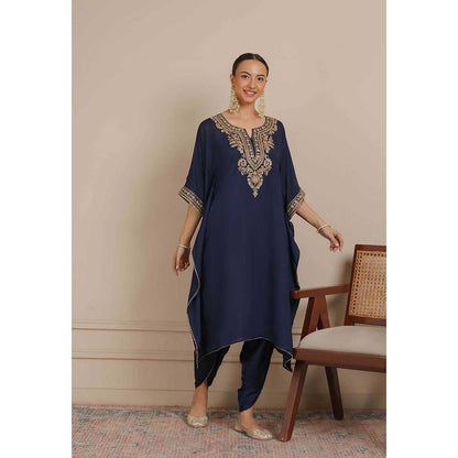 NEMAANI Midnight Navy Blue Neck Embroidered Kaftan with Dhoti Pant (Set of 2)