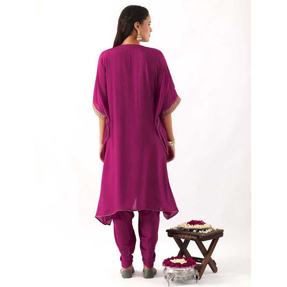 NEMAANI Magenta Pink Neck Embroidered Kaftan with Dhoti Pant (Set of 2)