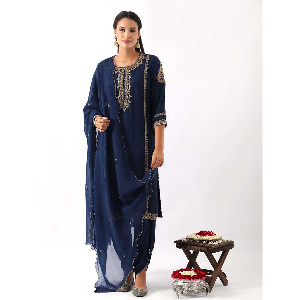 NEMAANI Midnight Navy Blue Neck Embroidered Kurta with Dhoti Pant and Dupatta (Set of 3)