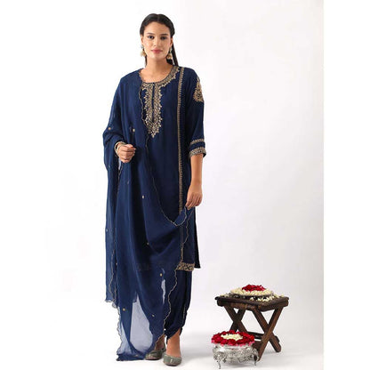 NEMAANI Midnight Navy Blue Neck Embroidered Kurta with Dhoti Pant and Dupatta (Set of 3)