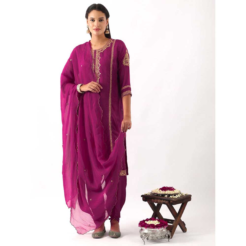 NEMAANI Magenta Pink Neck Embroidered Kurta with Dhoti Pant and Dupatta (Set of 3)