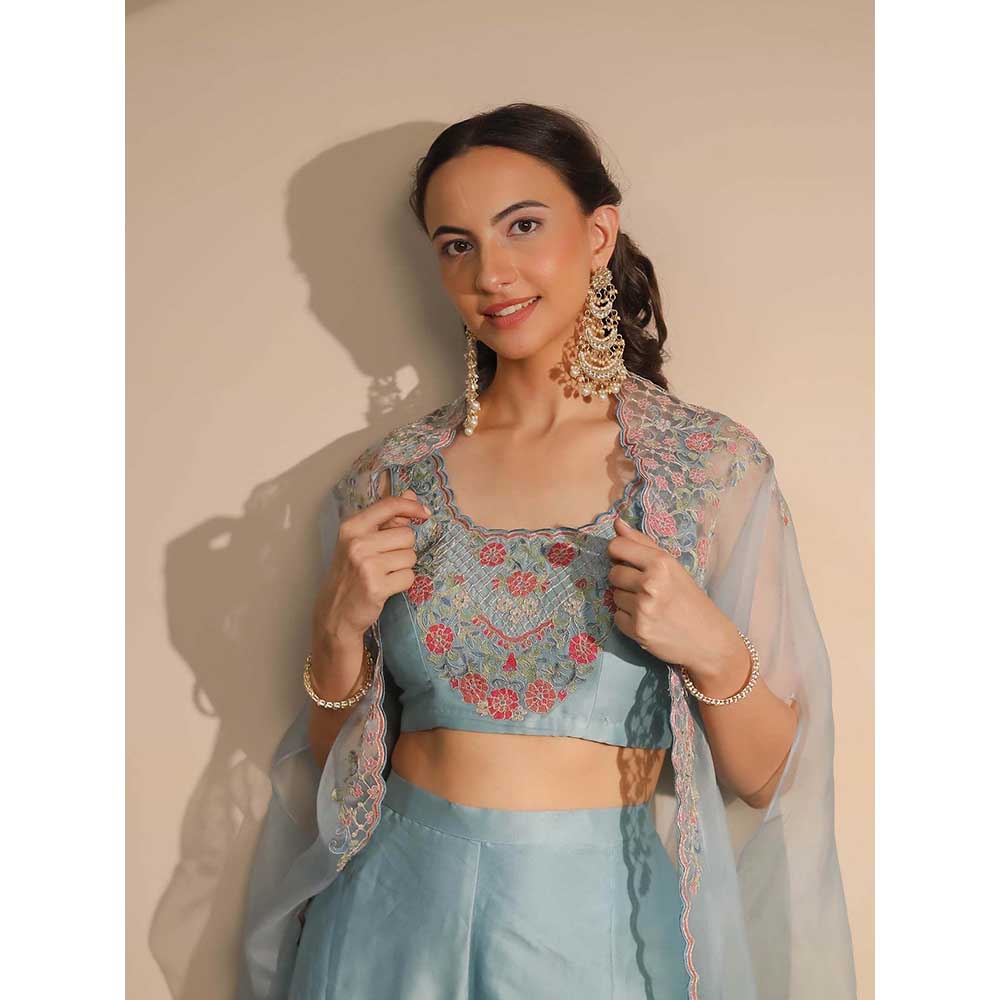 NEMAANI Blue Blouse Flared Blouse with Palazzo and Cape (Set of 3)