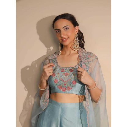 NEMAANI Blue Blouse Flared Blouse with Palazzo and Cape (Set of 3)