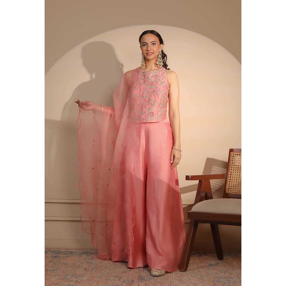 NEMAANI Pink Corset Flared Top with Palazzo and Dupatta (Set of 3)