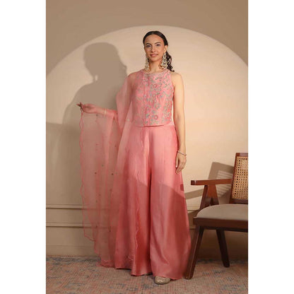 NEMAANI Pink Corset Flared Top with Palazzo and Dupatta (Set of 3)
