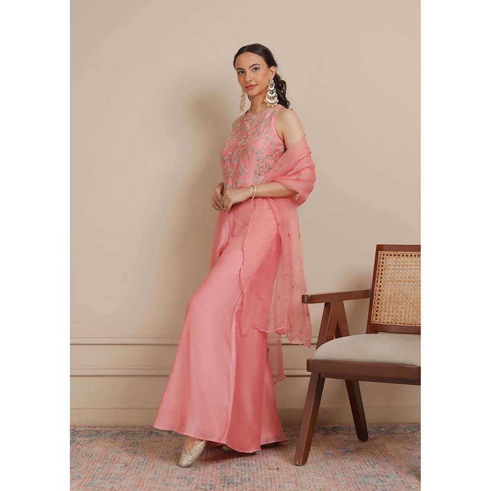 NEMAANI Pink Corset Flared Top with Palazzo and Dupatta (Set of 3)