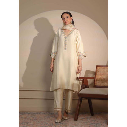 NEMAANI Ivory Sleeve Embroidery Kurta with Pant and Dupatta (Set of 3)