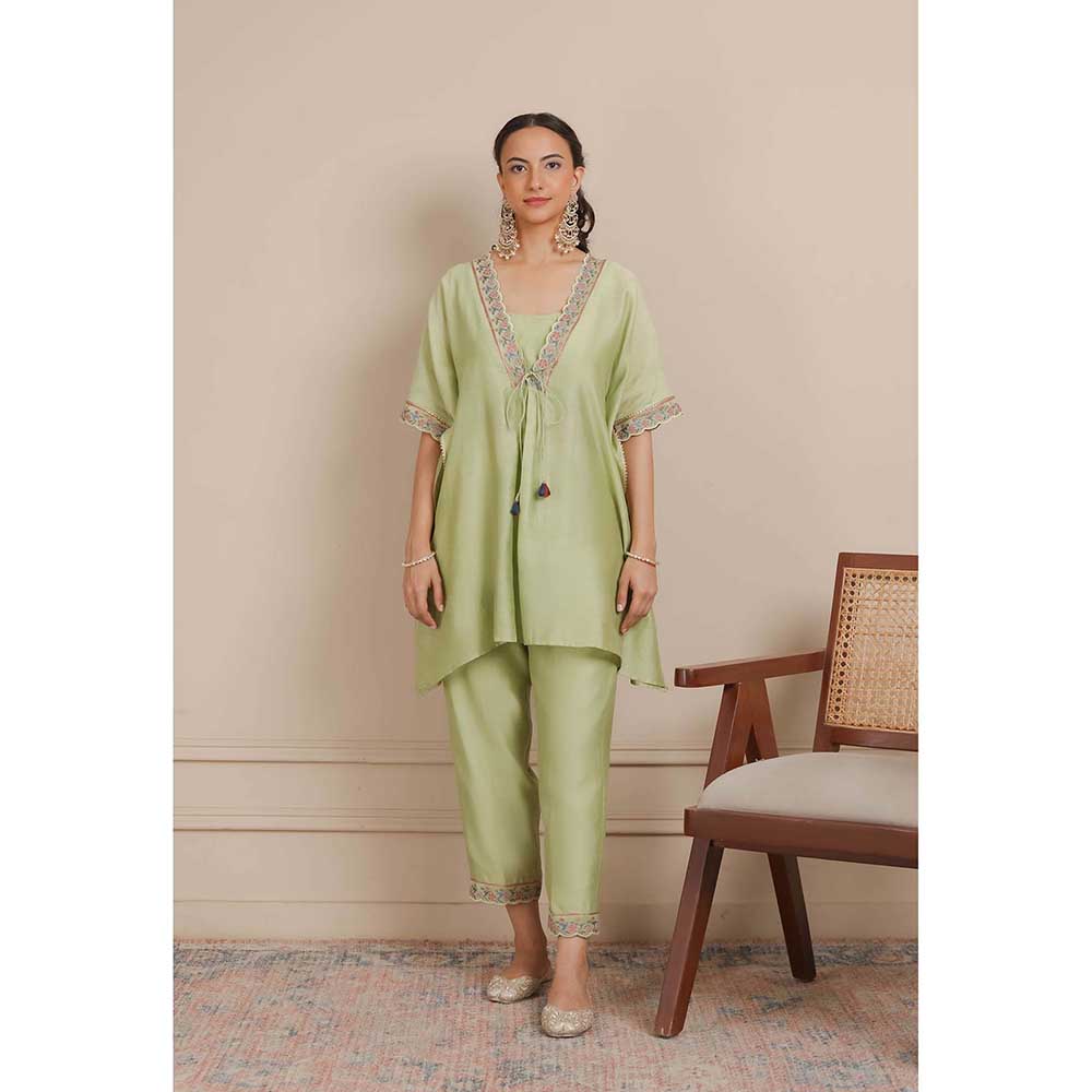 NEMAANI Green Short Kaftan with Pant and Blouse (Set of 3)