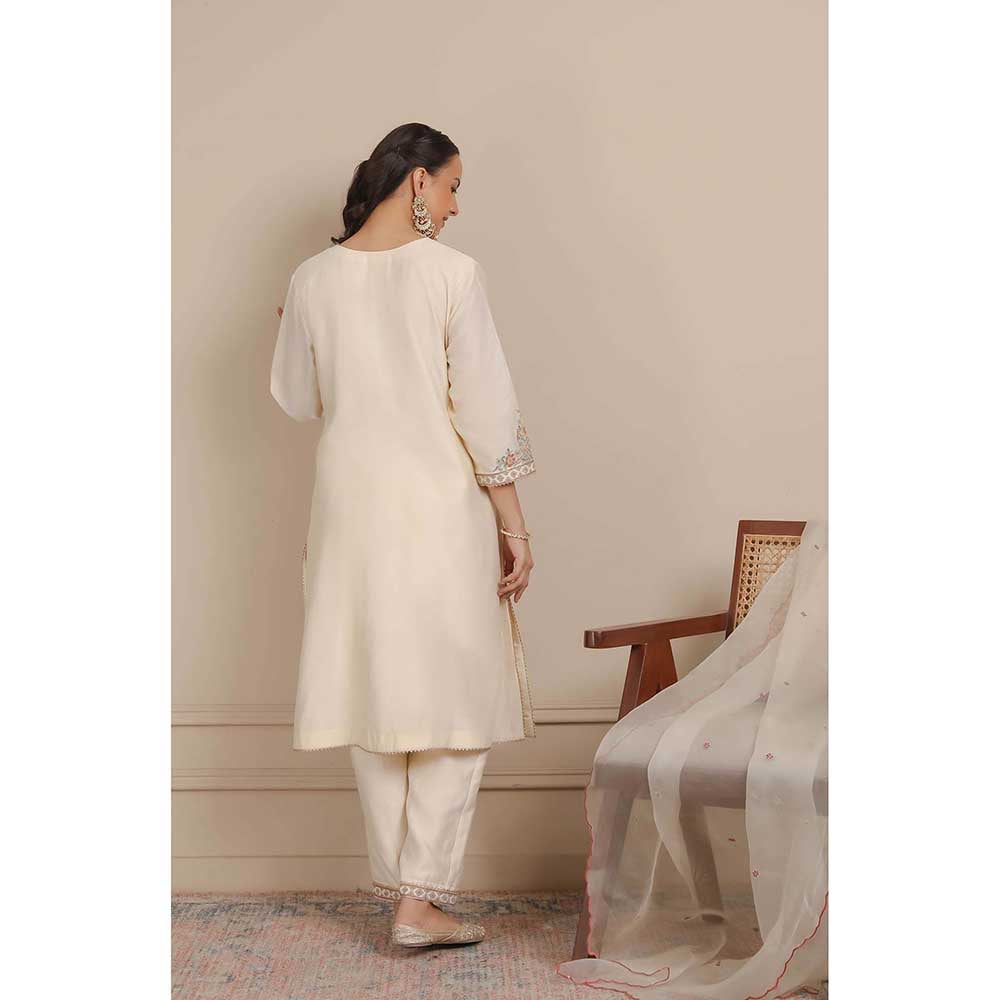 NEMAANI Ivory Glass Neckline A-Line Kurta with Pant and Dupatta (Set of 3)