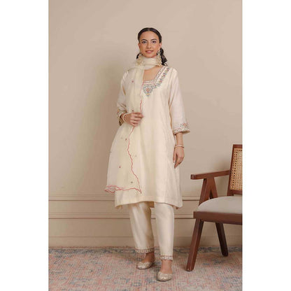 NEMAANI Ivory Glass Neckline A-Line Kurta with Pant and Dupatta (Set of 3)