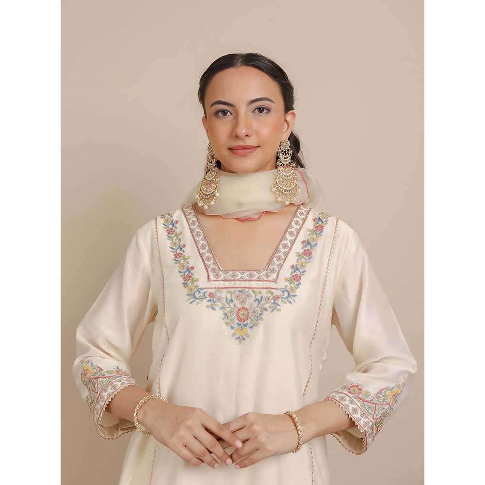 NEMAANI Ivory Glass Neckline A-Line Kurta with Pant and Dupatta (Set of 3)
