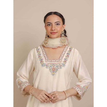 NEMAANI Ivory Glass Neckline A-Line Kurta with Pant and Dupatta (Set of 3)