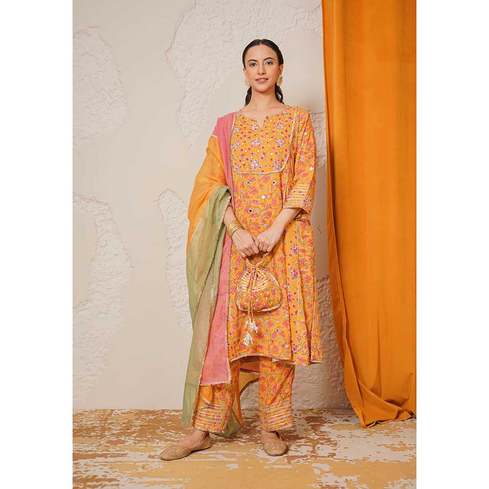 NEMAANI Sitara Yellow A-Line Kurta with Pant and Dupatta