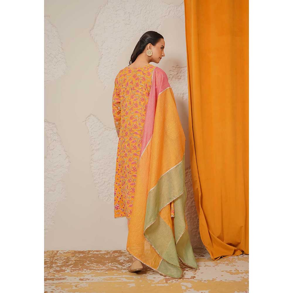 NEMAANI Sitara Yellow A-Line Kurta with Pant and Dupatta