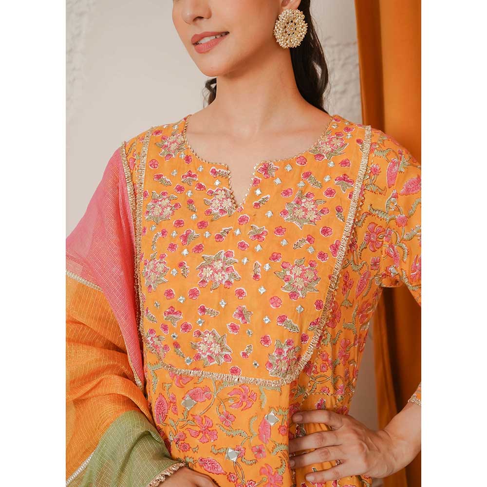NEMAANI Sitara Yellow A-Line Kurta with Pant and Dupatta