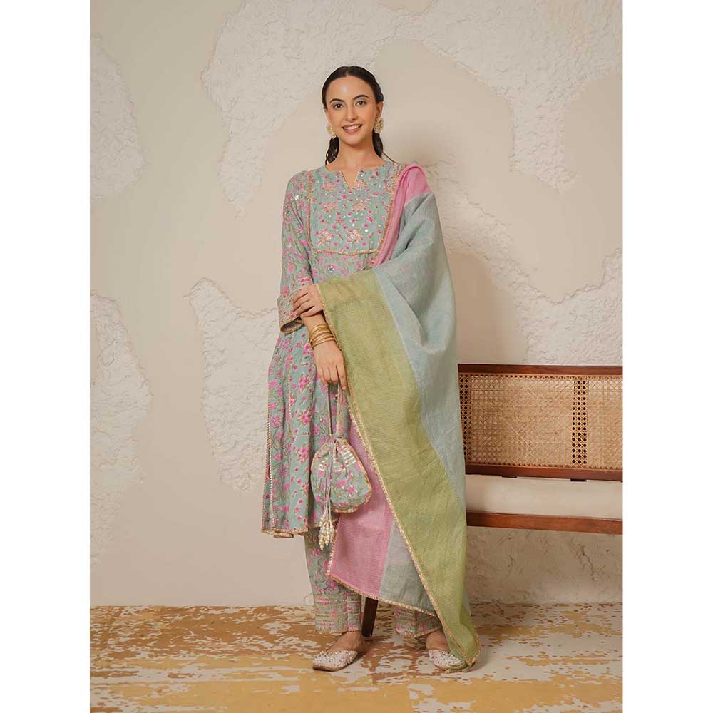 NEMAANI Sitara Blue A-Line Kurta with Pant and Dupatta