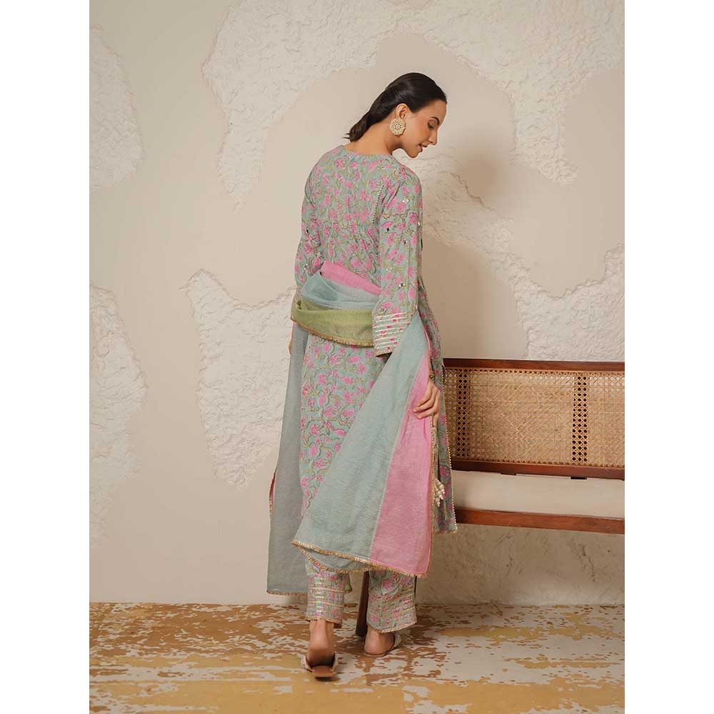 NEMAANI Sitara Blue A-Line Kurta with Pant and Dupatta