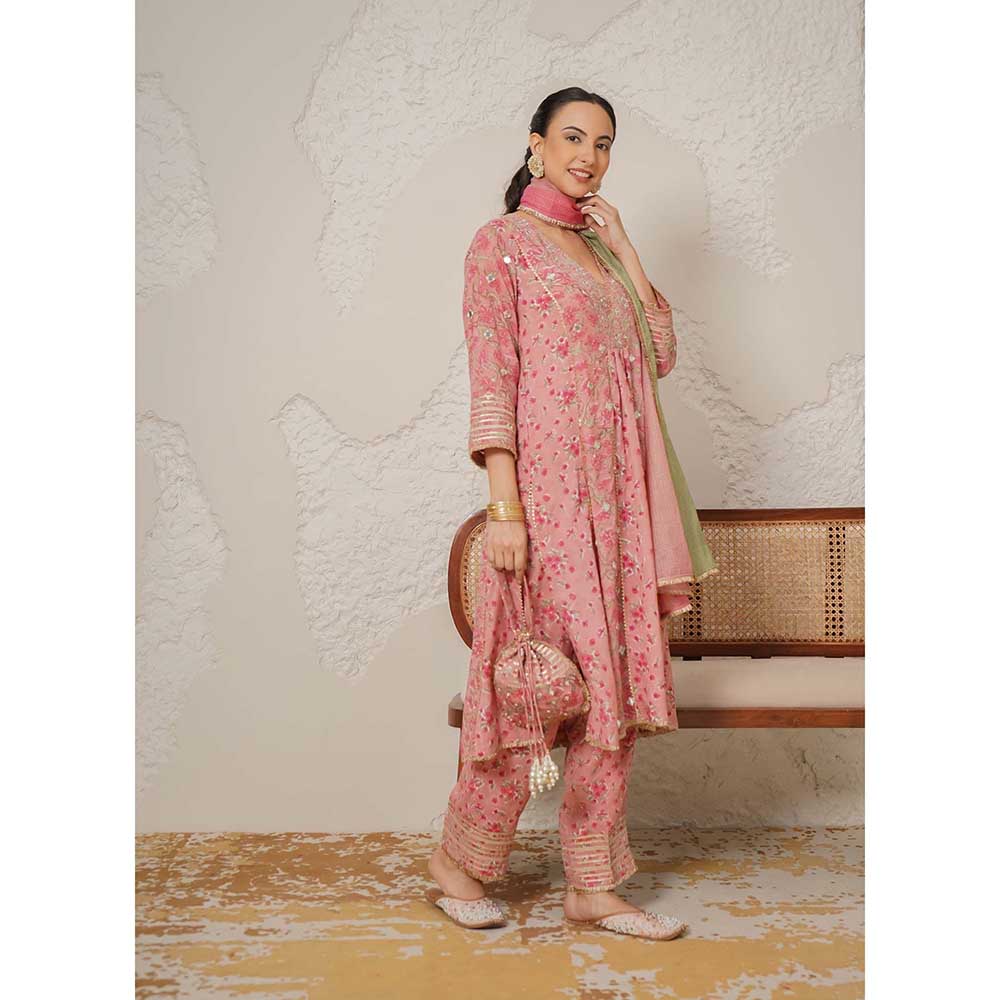 NEMAANI Ira Pink A-Line Kurta with Pant and Dupatta