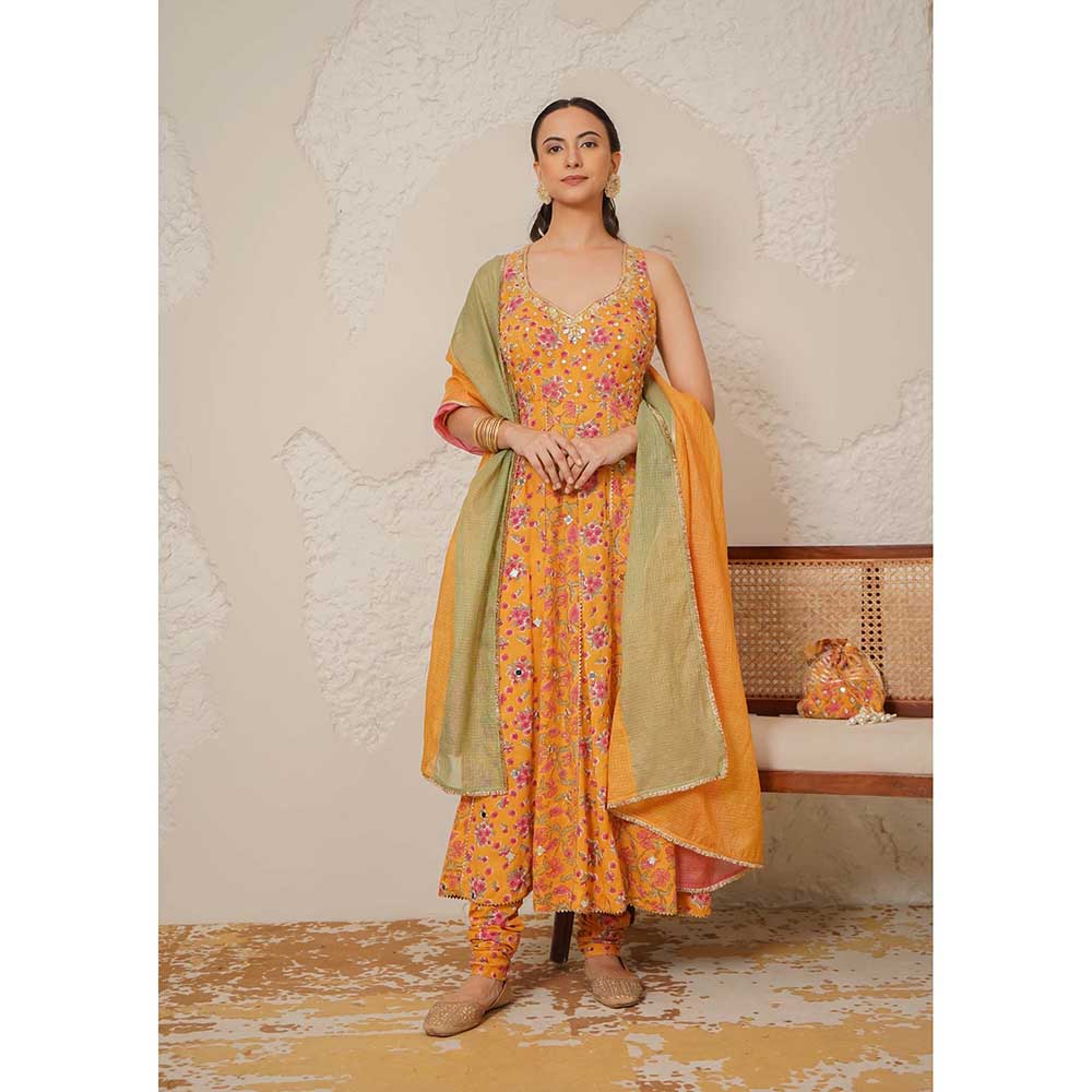 NEMAANI Naaz Yellow Anarkali with Churidar and Dupatta