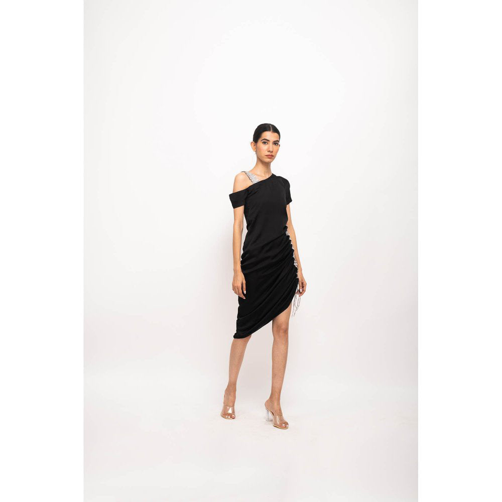 NEORA BY NEHAL CHOPRA Black & Grey Rouching Midi Dress