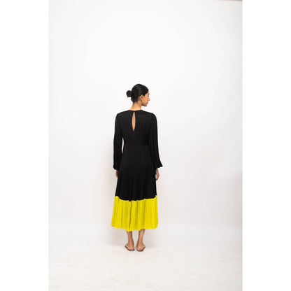NEORA BY NEHAL CHOPRA Black & Yellow Gather Maxi Dress
