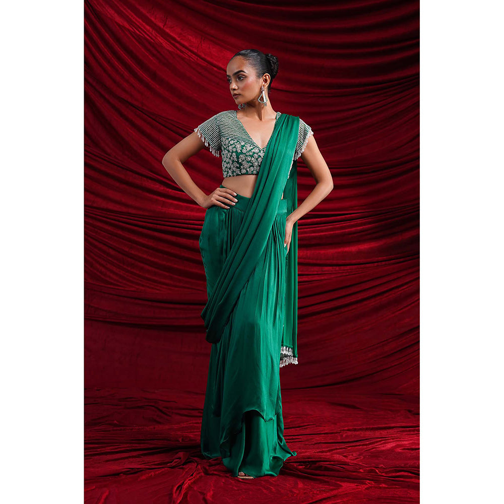 Nidhi Gupta Designs Green Elle Pre-Draped Saree with Stitched Blouse