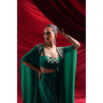 Nidhi Gupta Designs Green Siyash Pre- Drape Saree with Bralette and Cape